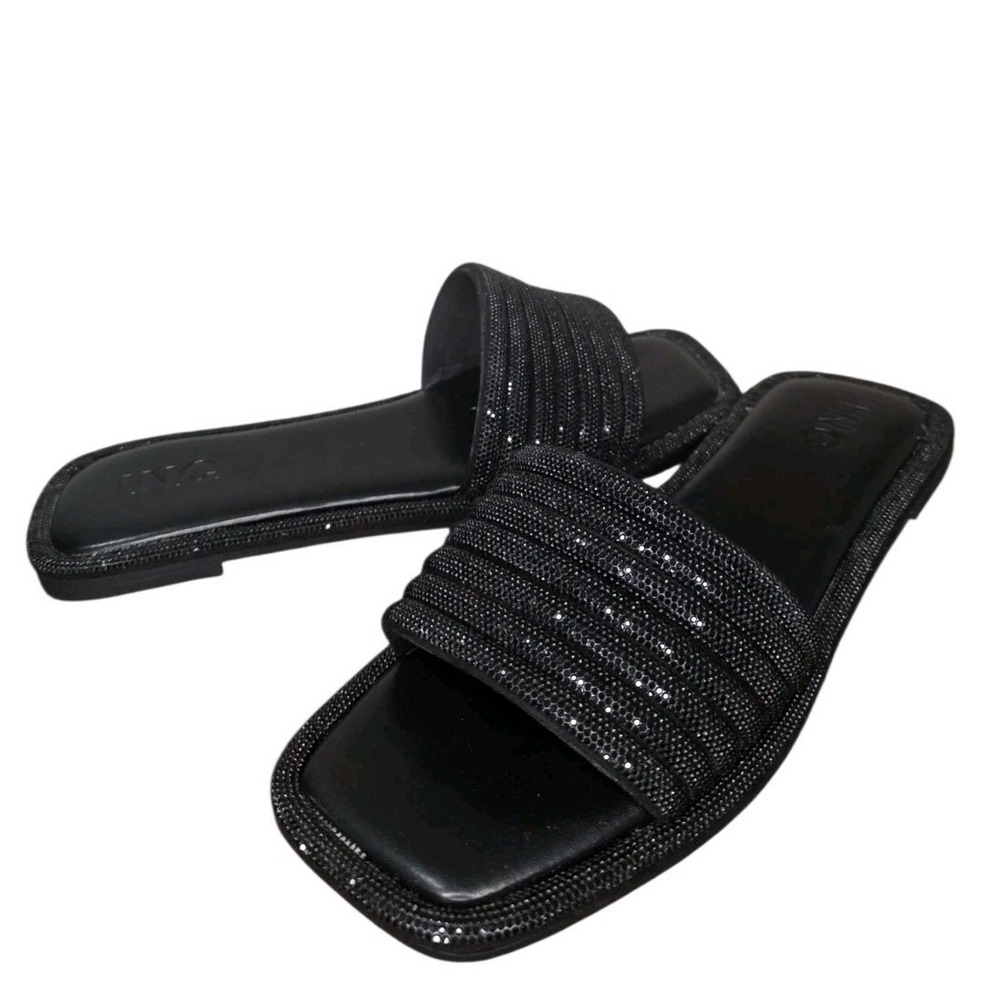Black Rhinestone Slide Sandals Womens 7.5 Bling Sparkle Dressy INC